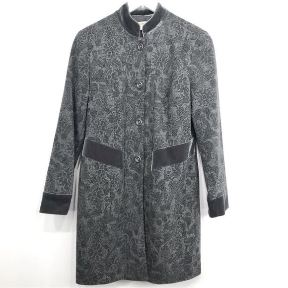 Coldwater Creek Gray Floral Pattern Velvet Trim Long Statement Blazer Jacket - Picture 1 of 16